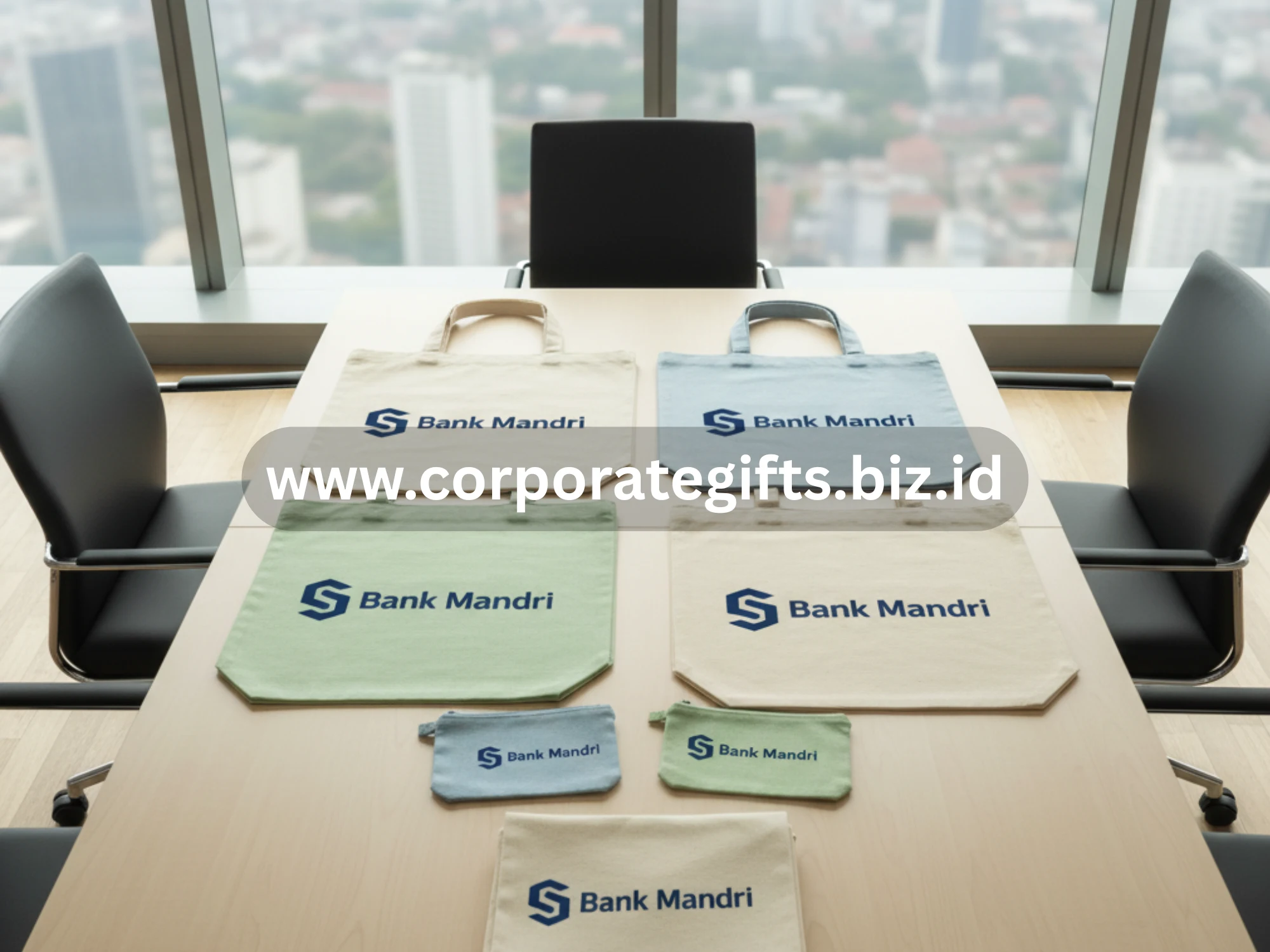 Totebag kain berlogo Bank Mandiri berbahan daur ulang sebagai souvenir eco-friendly untuk nasabah.